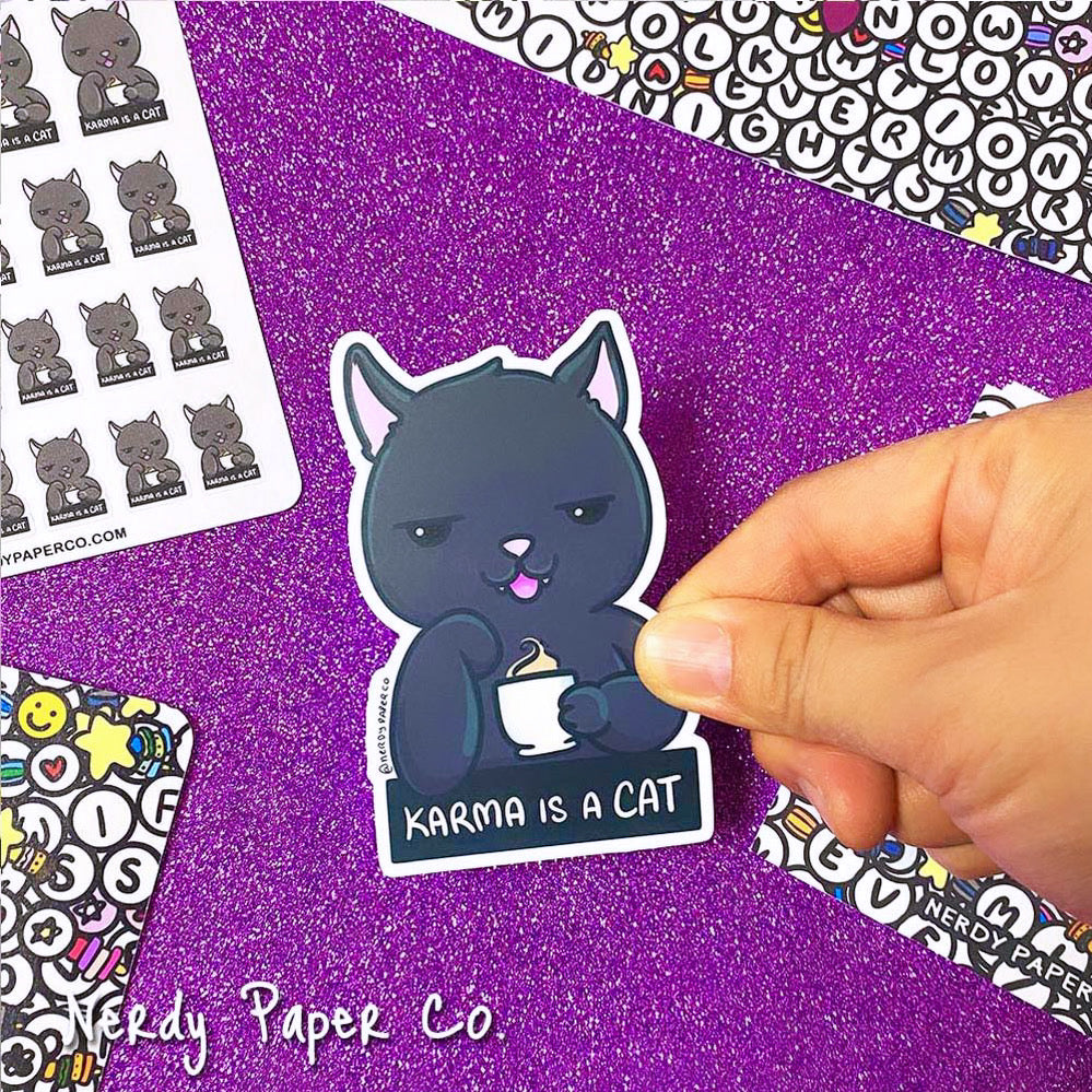 Karma is a (Black) Cat - Hand Drawn Waterproof Vinyl Sticker
