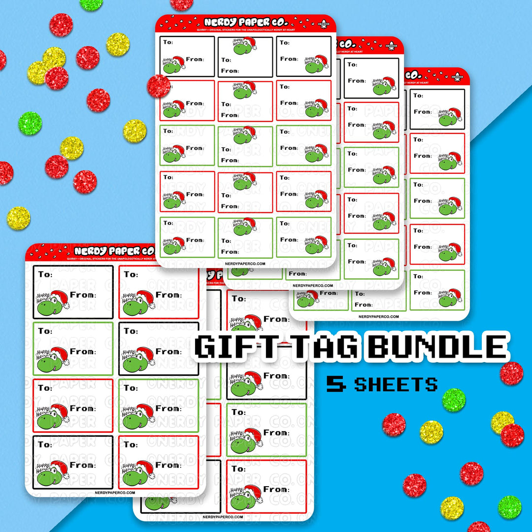 Festive Dino Gift Tag Sticker Bundled Set - Hand Drawn Sticker Sheet - Deco | XMAS007-8
