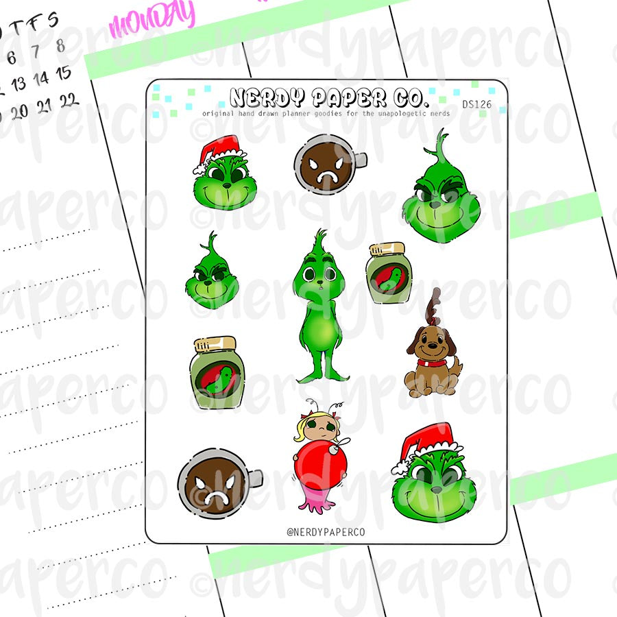 GRINCH SAMPLER - Hand Drawn Planner Stickers Deco- DS126