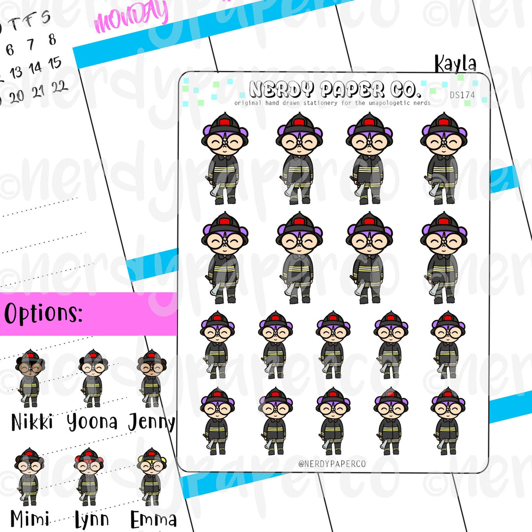 FIREFIGHTER KAYLA / Hand Drawn Planner Stickers / Deco -DS174