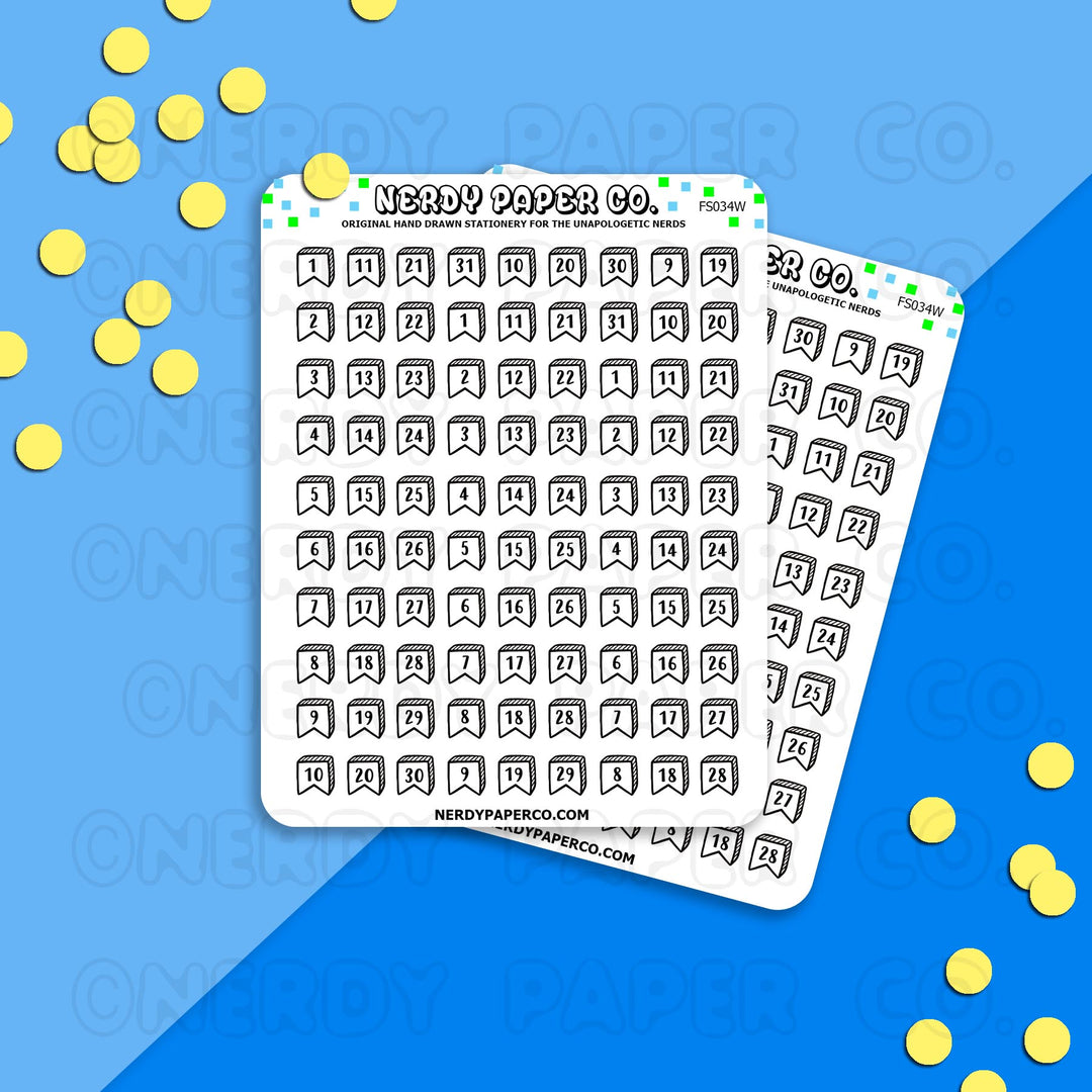 DATE COVER FLAGS - WHITE - Hand Drawn Planner Stickers - FS034W