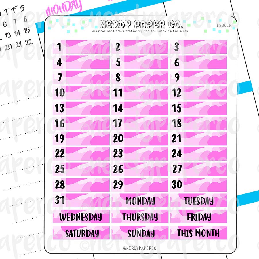 MONTHLY DATE COVERS | PINK CAMO - Hand Drawn Hobonichi Planner Stickers - FS061H
