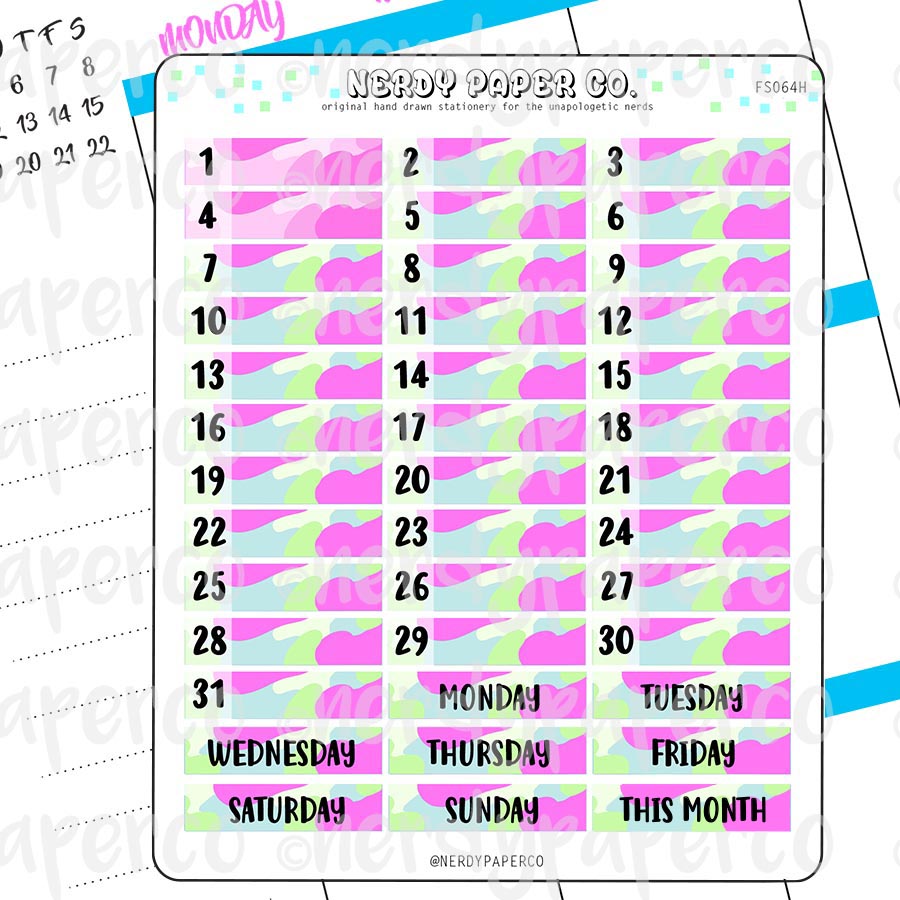 MONTHLY DATE COVERS | BRIGHT CAMO - Hand Drawn Hobonichi Planner Stickers - FS064H
