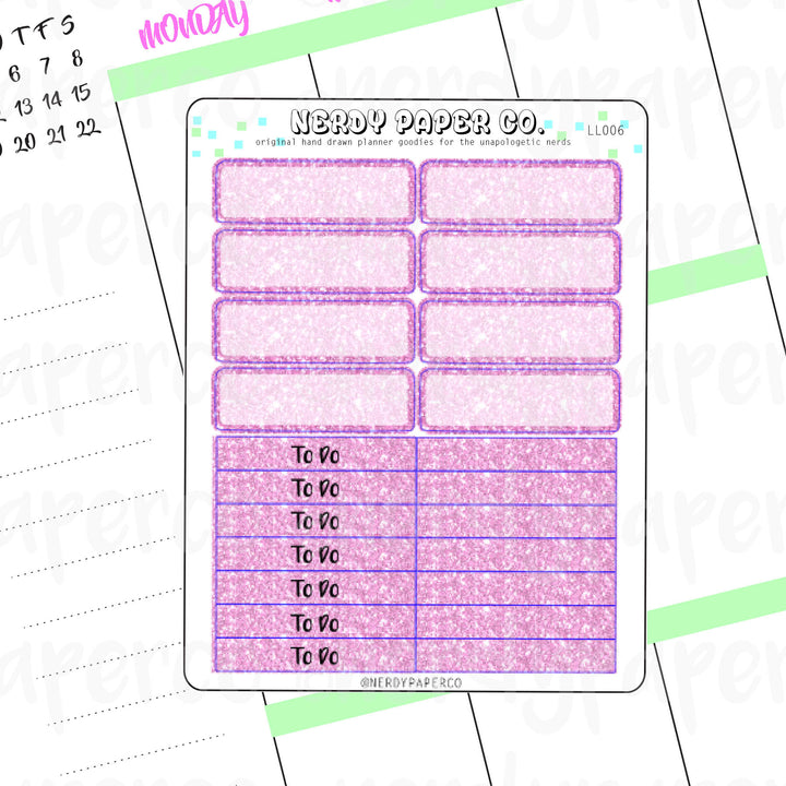 PINK GLITTER HEADERS AND 1/4 BOXES - Hand Drawn Planner Stickers - LL006