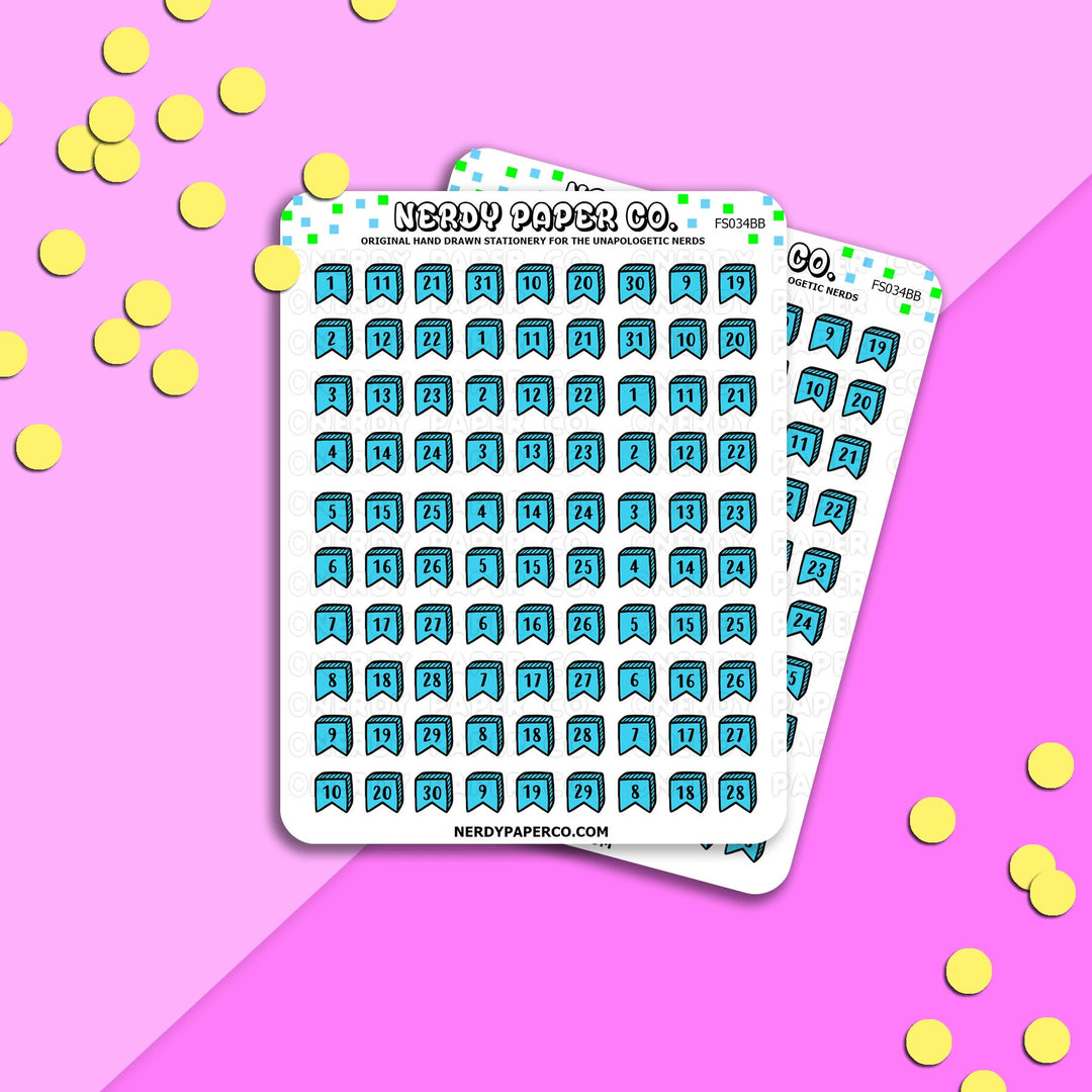 DATE COVER FLAGS - BRIGHT BLUE - Hand Drawn Planner Stickers - FS034BB