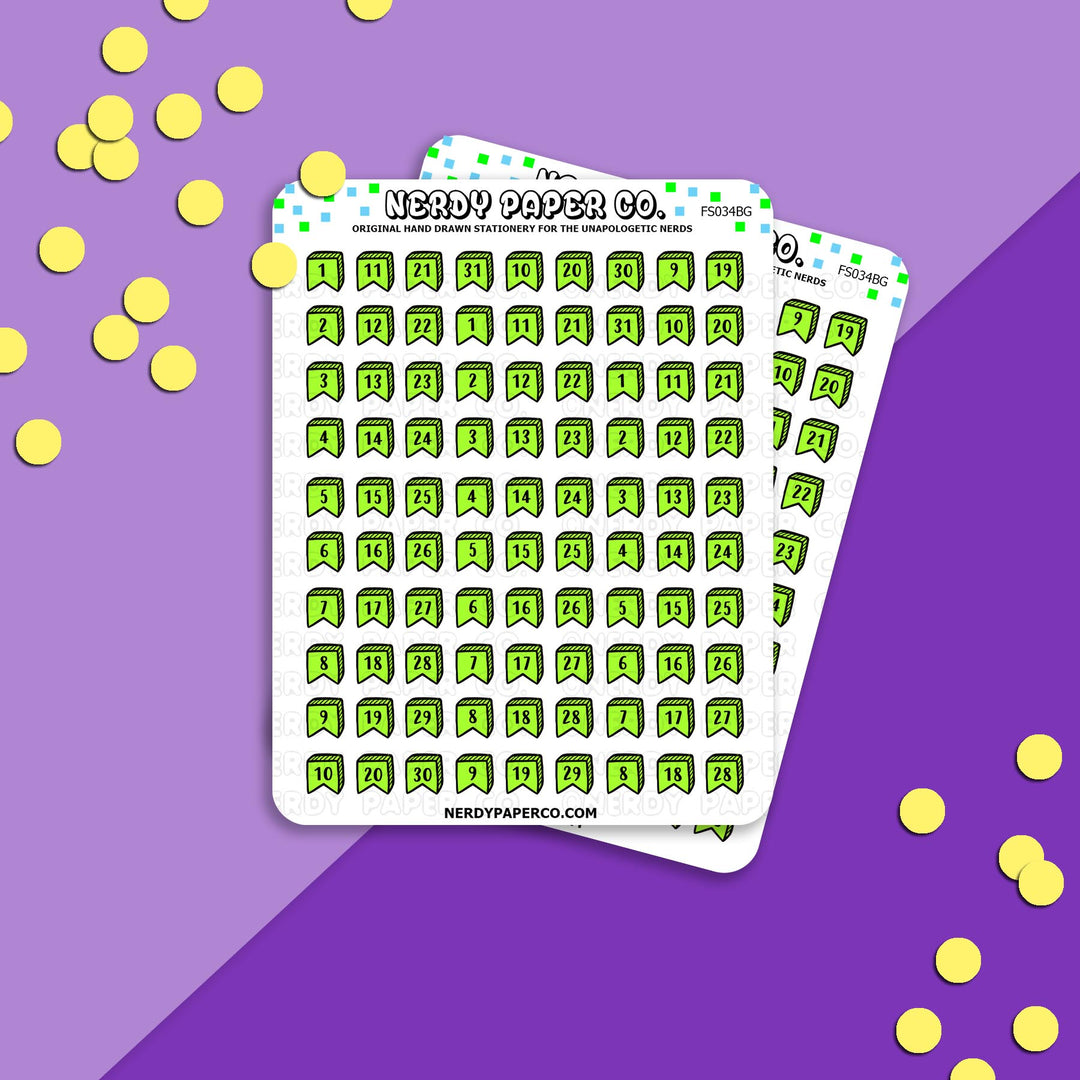 DATE COVER FLAGS - BRIGHT GREEN - Hand Drawn Planner Stickers - FS034BG