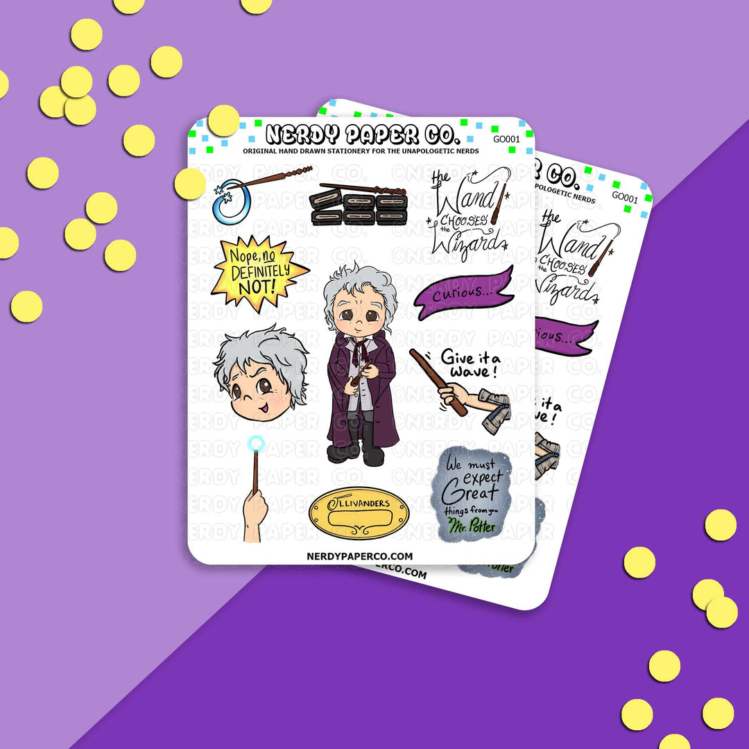 Wandmaker Sampler -Hand Drawn Wizard Character Vinyl Sticker Sheet- GO001