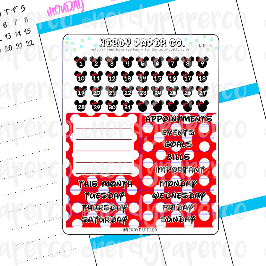 MONTHLY LADY MOUSE DATE COVERS - Hand Drawn Planner Stickers - Deco - WD016
