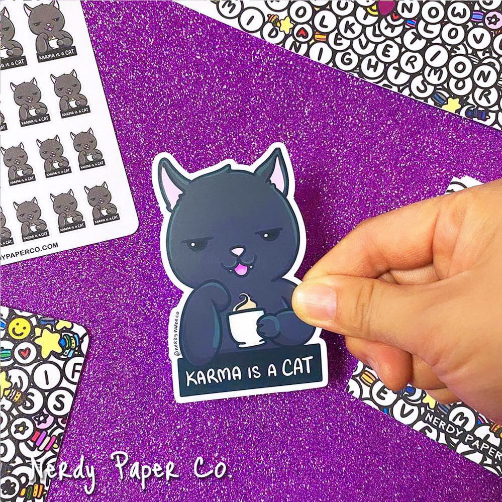 Karma is a (Black) Cat - Hand Drawn Waterproof Vinyl Sticker - WP