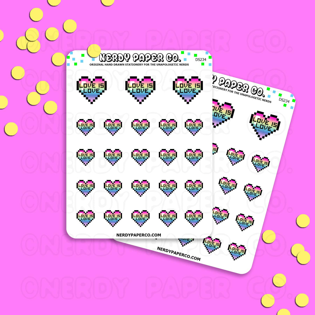 LOVE IS LOVE | NEON PASTEL PIXEL HEARTS- Hand Drawn Planner Stickers - Deco -DS234