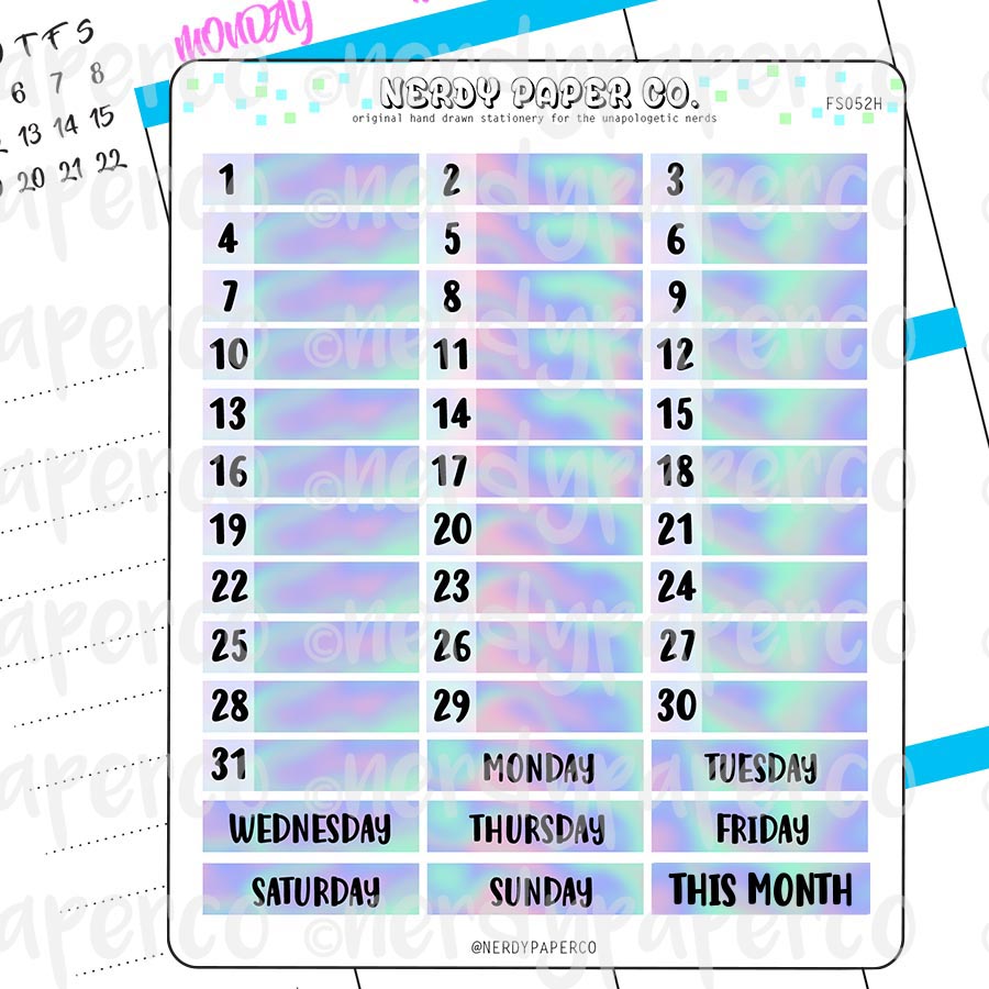 MONTHLY DATE COVERS | HOLO - Hand Drawn Hobonichi Planner Stickers - FS052H