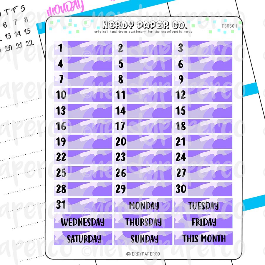 MONTHLY DATE COVERS | PURPLE CAMO - Hand Drawn Hobonichi Planner Stickers - FS060H