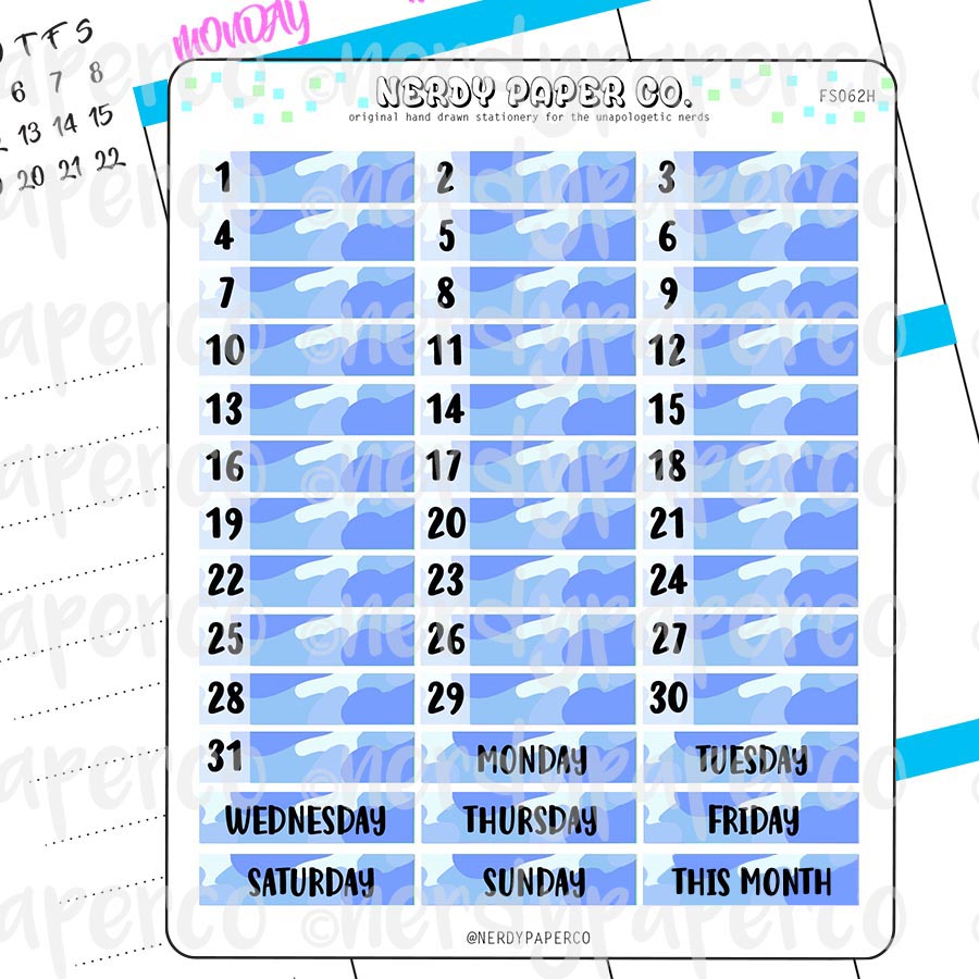 MONTHLY DATE COVERS | BLUE CAMO - Hand Drawn Hobonichi Planner Stickers - FS062H