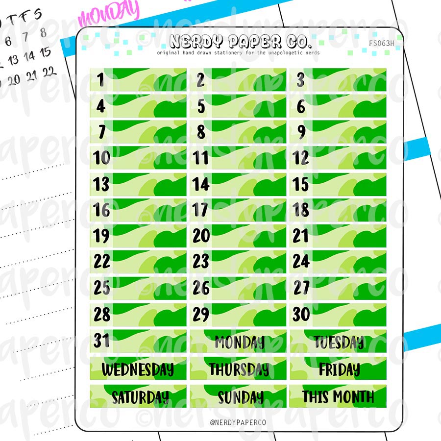 MONTHLY DATE COVERS | GREEN CAMO - Hand Drawn Hobonichi Planner Stickers - FS063H