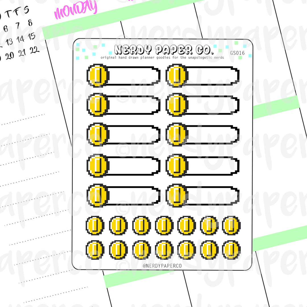 NINTENDO-INSPIRED COIN - 1/4 Boxes and Coins - Hand Drawn Planner Stickers - Deco | GS016