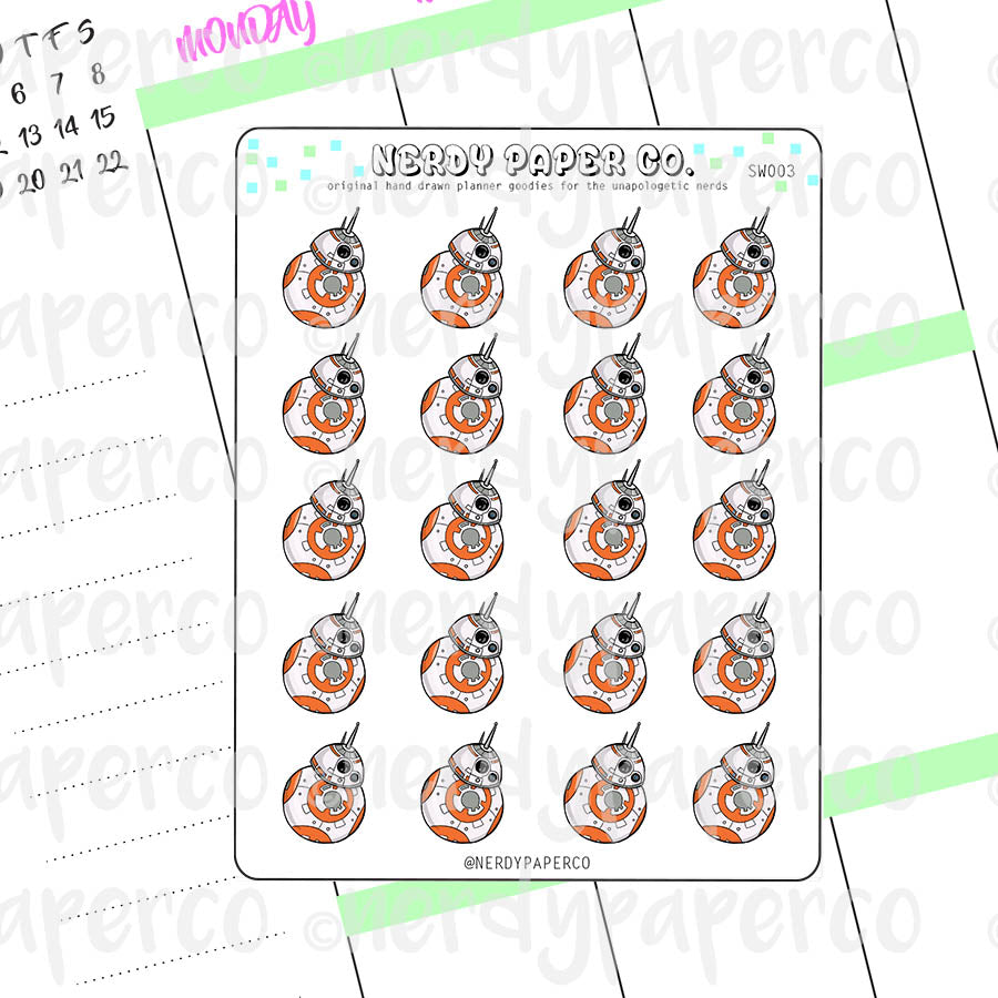 BB-8 STICKERS- Hand Drawn Space Planner Stickers - Deco -SW003