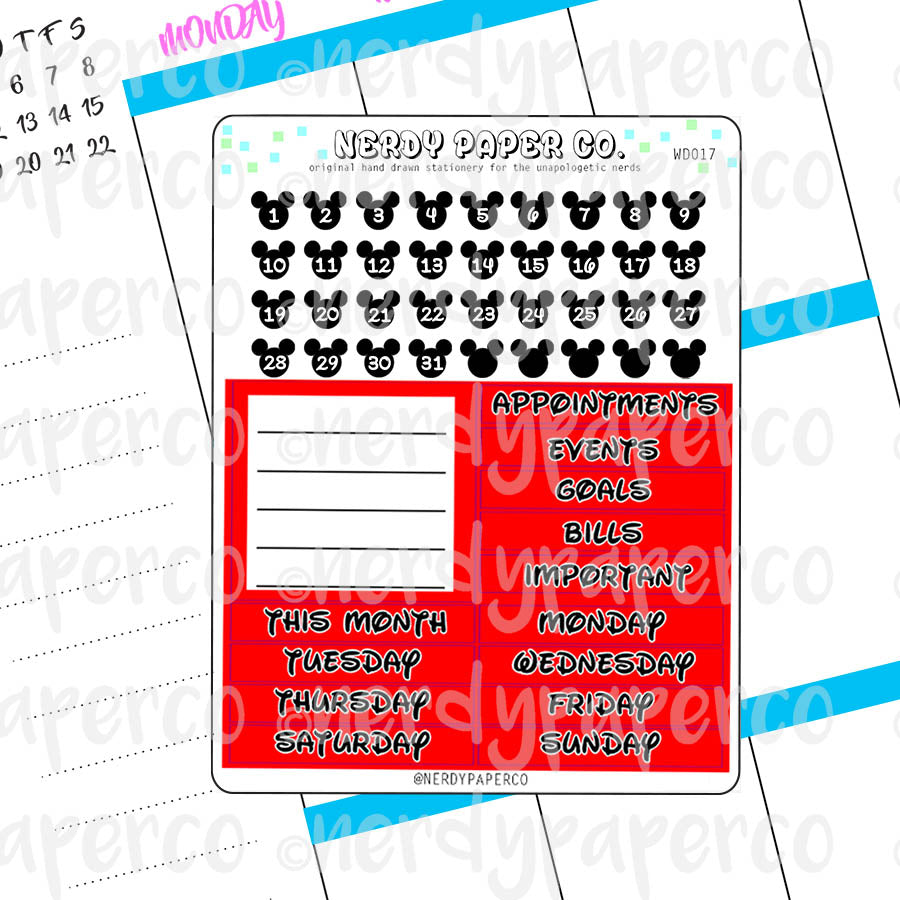 MONTHLY MOUSE DATE COVERS - Hand Drawn Planner Stickers - Deco - WD017